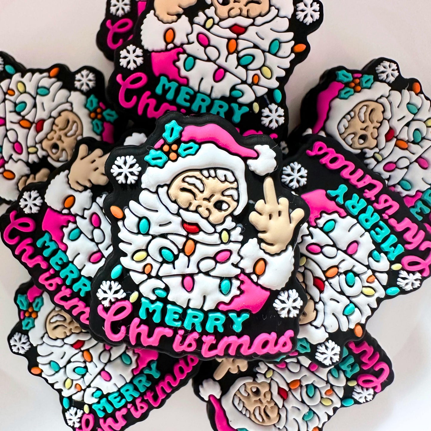 Merry Christmas Santa Claus Christmas Lights Middle Finger Funny Pink Teal image 0