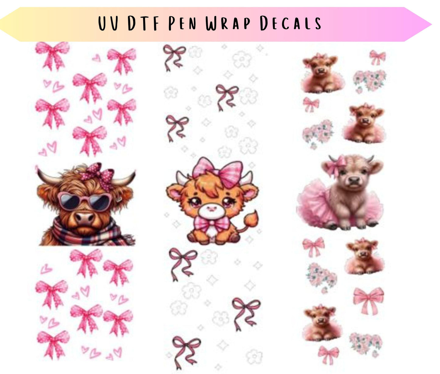 UV DTF Pen Wrap Bookmarks Highland Cow Country Western Pink Bow Coquette image 0