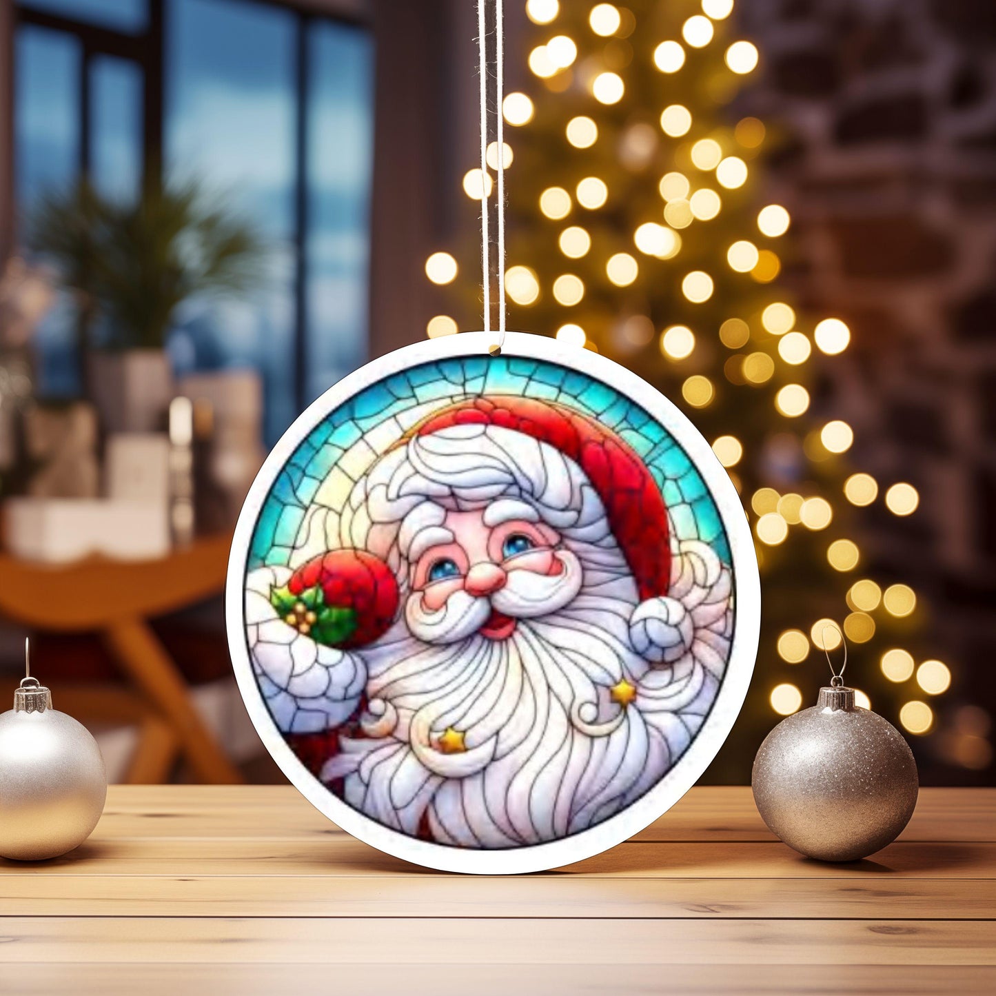 UV DTF 2.5 Inch Christmas Santa Stained Glass Look Jolly Santa Hat Red image 0