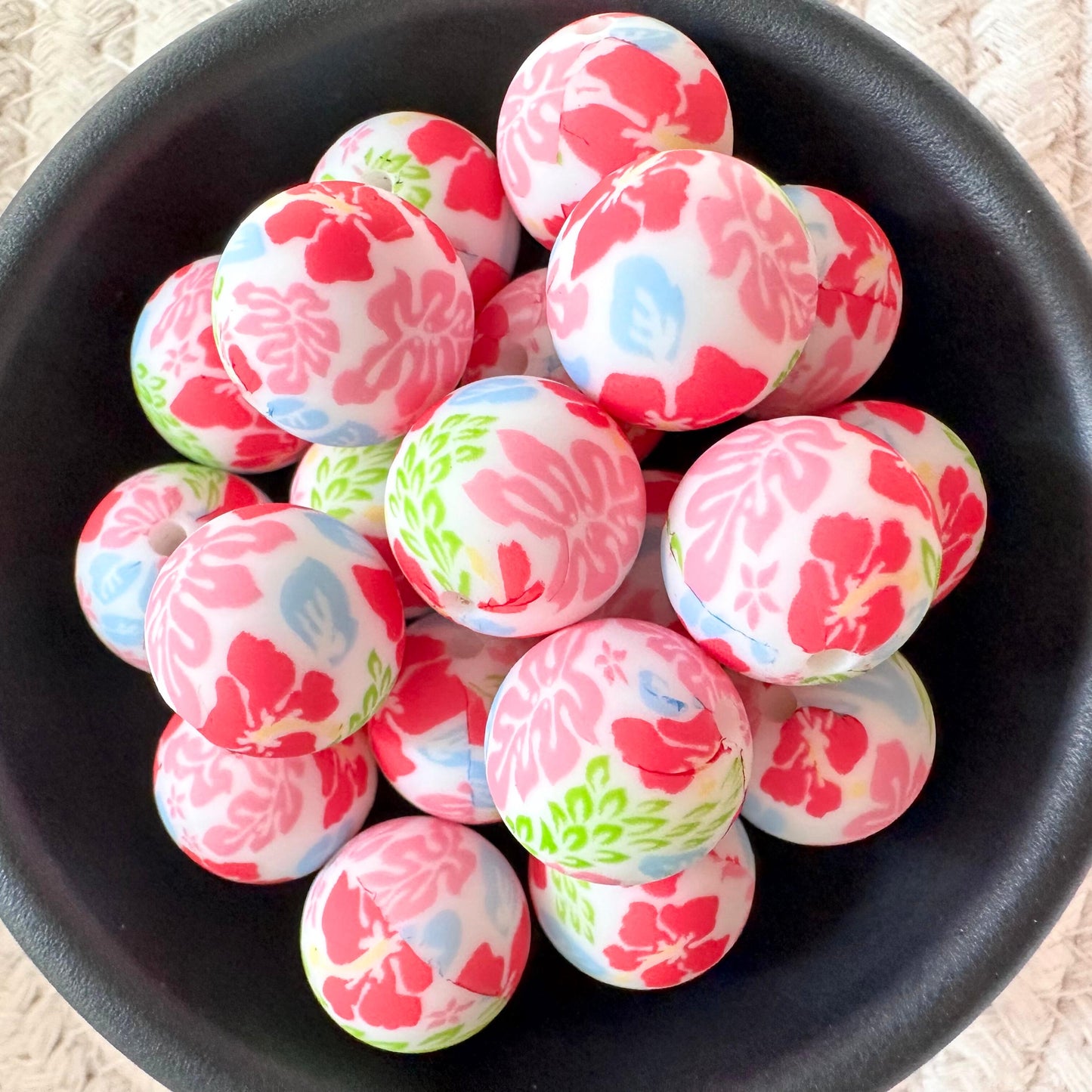 Floral Hibiscus Bright Pink Blue Green Spring 15mm Silicone Beads image 0