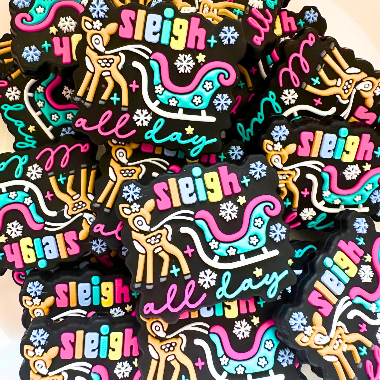 Merry Christmas Sleigh All Day Reindeer Pink Teal Holiday Festive image 0