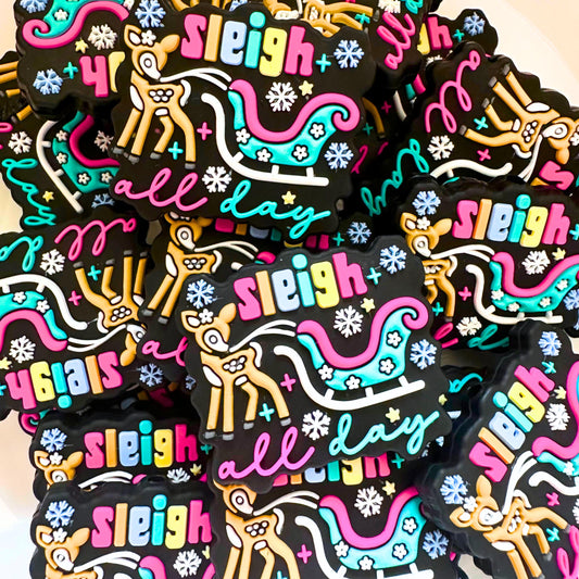 Merry Christmas Sleigh All Day Reindeer Pink Teal Holiday Festive image 0