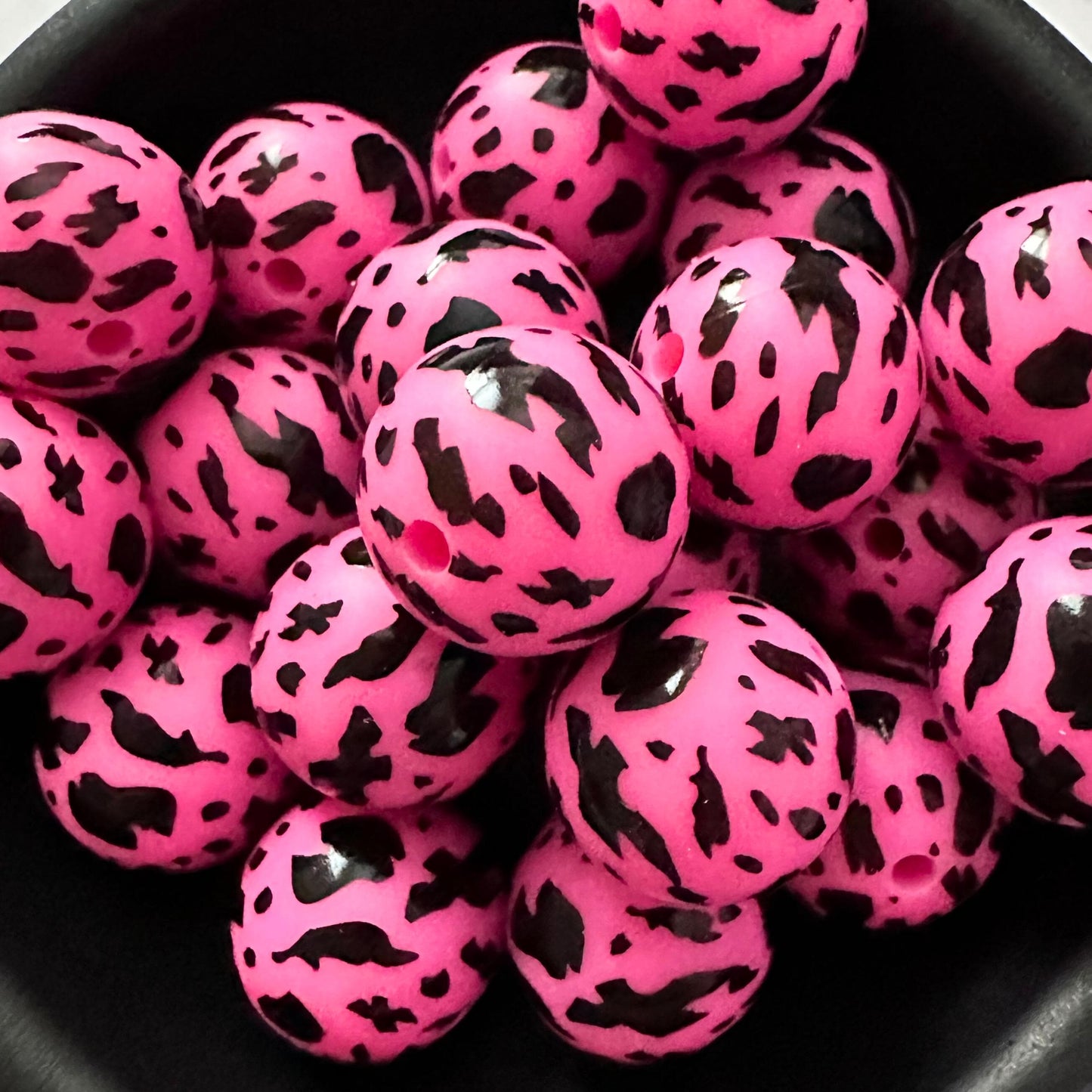 Hot Pink and Black Splatter 15mm Silicone Beads image 0