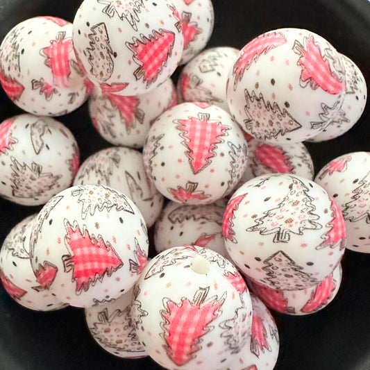 Pink Christmas Tree Plaid 15mm Silicone Beads image 0