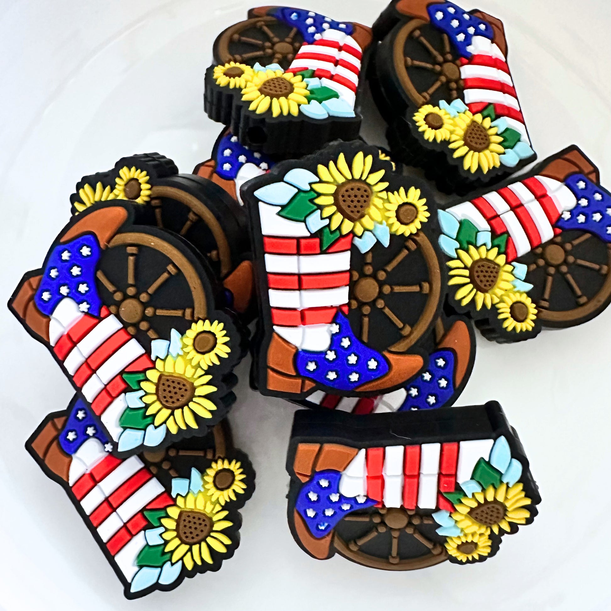 Patriotic Cowboy Boots w/ Wagon Wheel & Sunflowers image 0