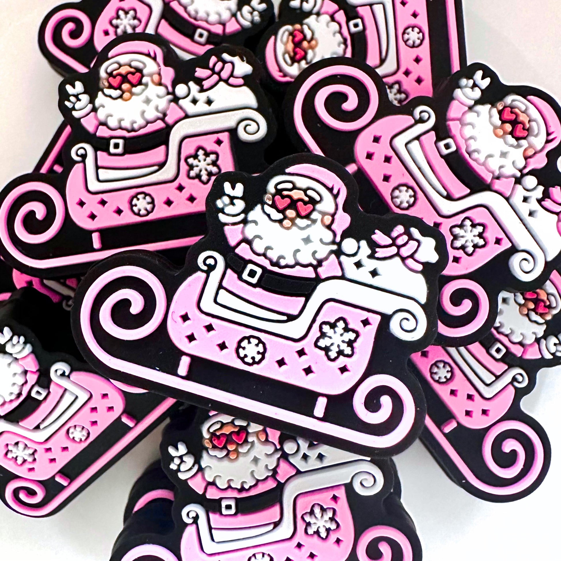 Pink Christmas Santa Claus Santa's Sleigh Toy Bag Snowflakes Peace Sign image 0