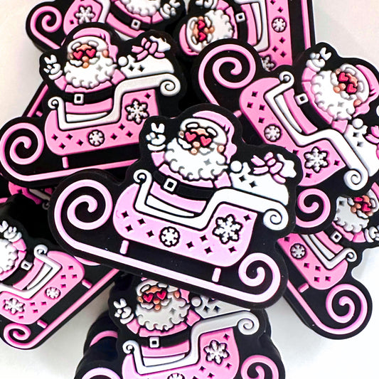 Pink Christmas Santa Claus Santa's Sleigh Toy Bag Snowflakes Peace Sign image 0