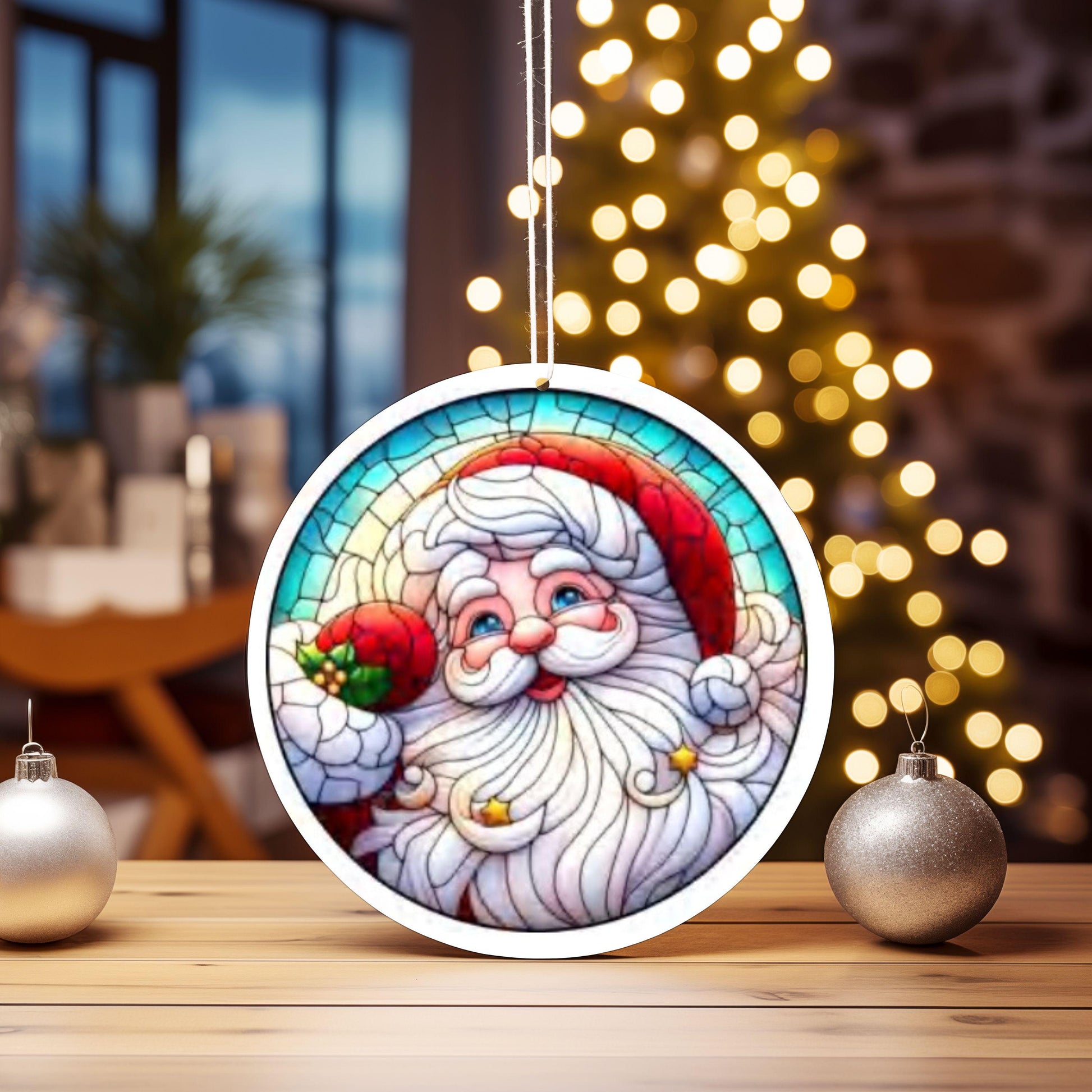 UV DTF 2.5 Inch Christmas Santa Stained Glass Look Jolly Santa Hat Red image 0
