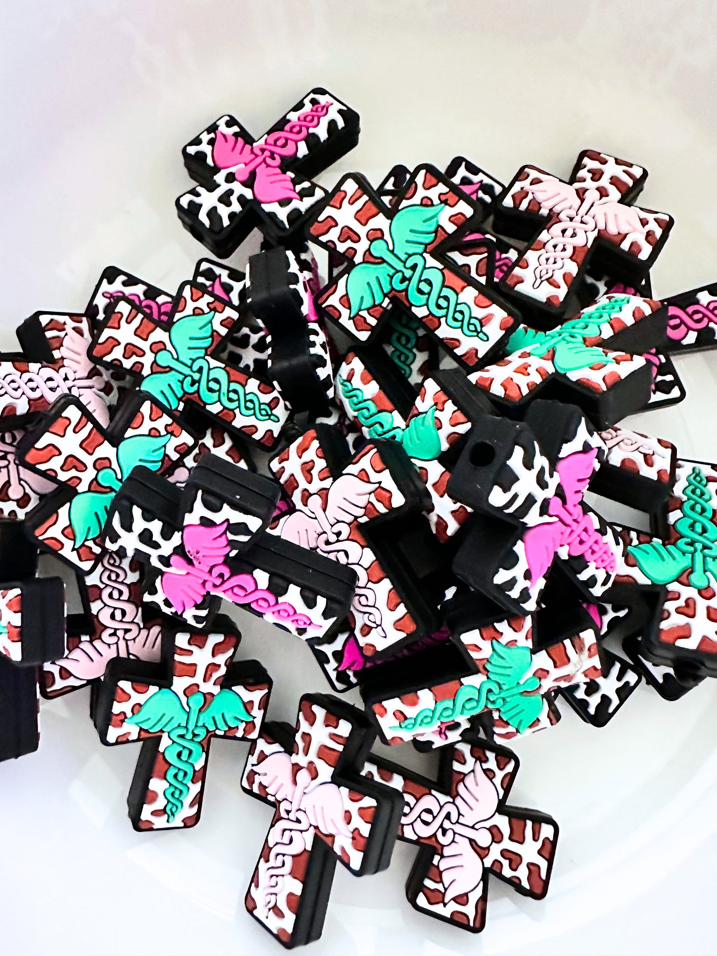 Medical Nurse Symbol Nursing Caduceus Cow Print Cross Teal Pink image 0