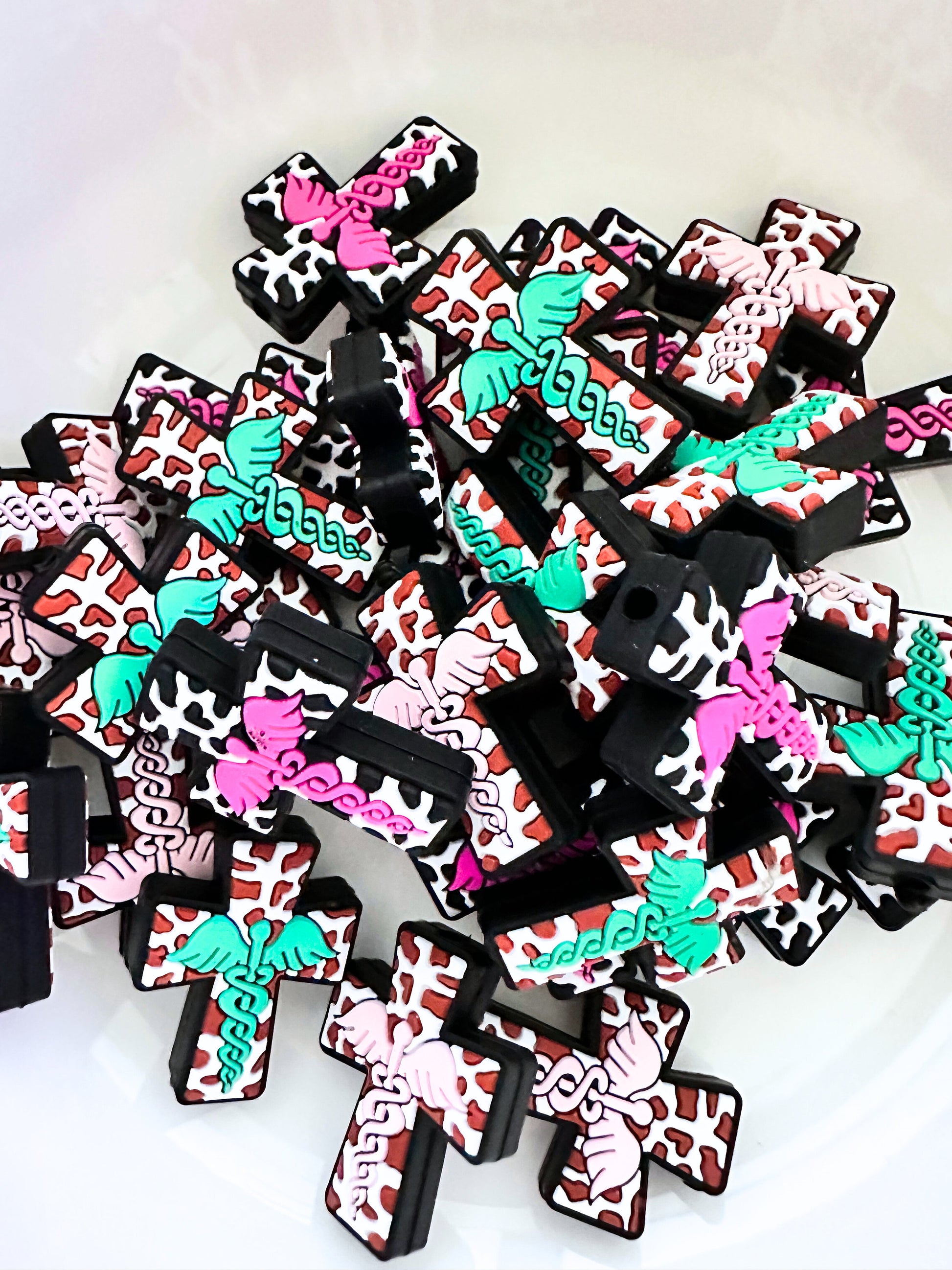 Medical Nurse Symbol Nursing Caduceus Cow Print Cross Teal Pink image 0