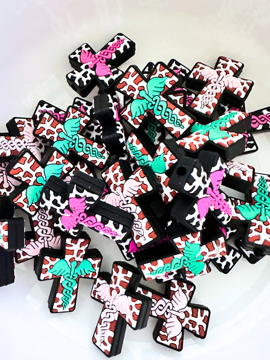 Medical Nurse Symbol Nursing Caduceus Cow Print Cross Teal Pink image 0
