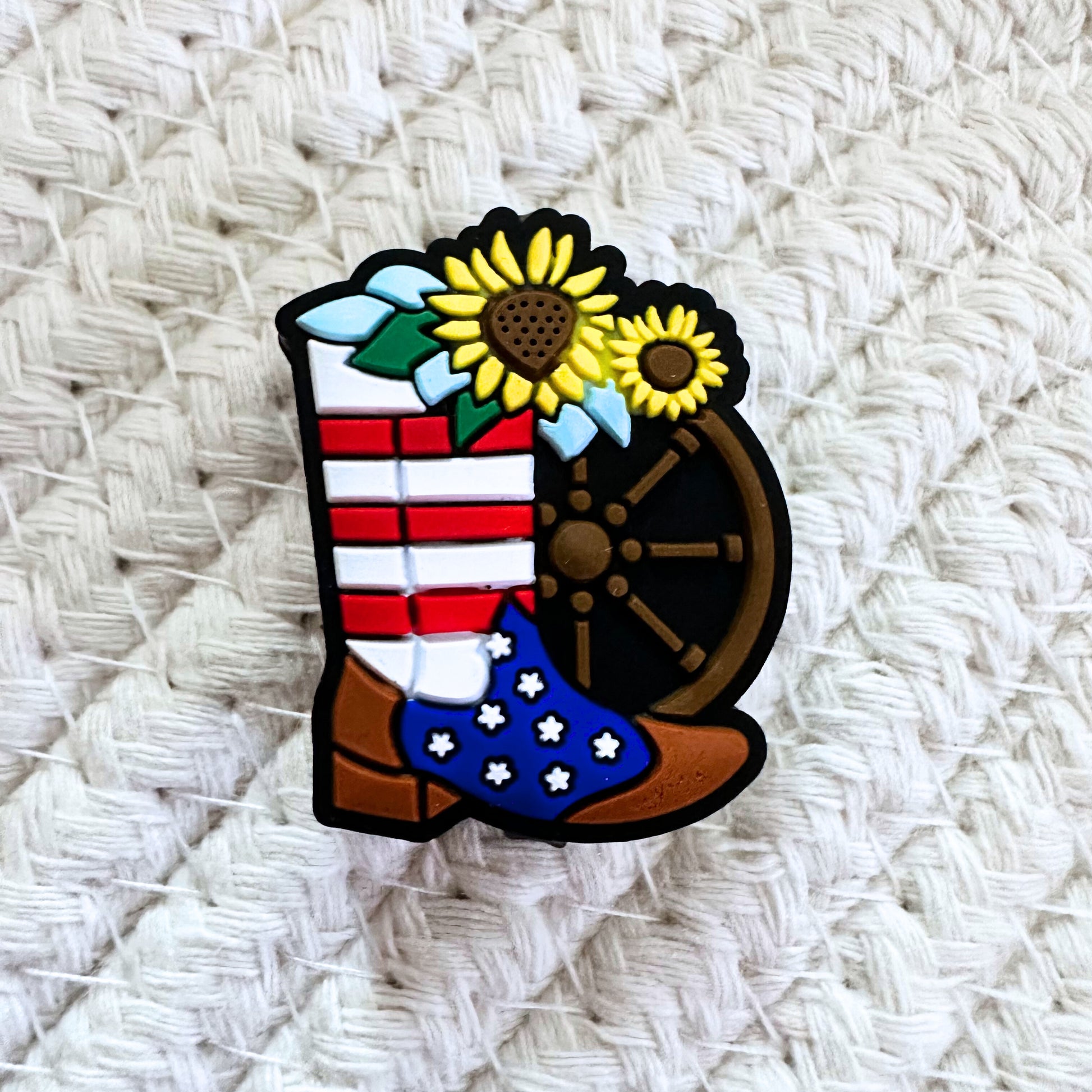 Patriotic Cowboy Boots w/ Wagon Wheel & Sunflowers image 1