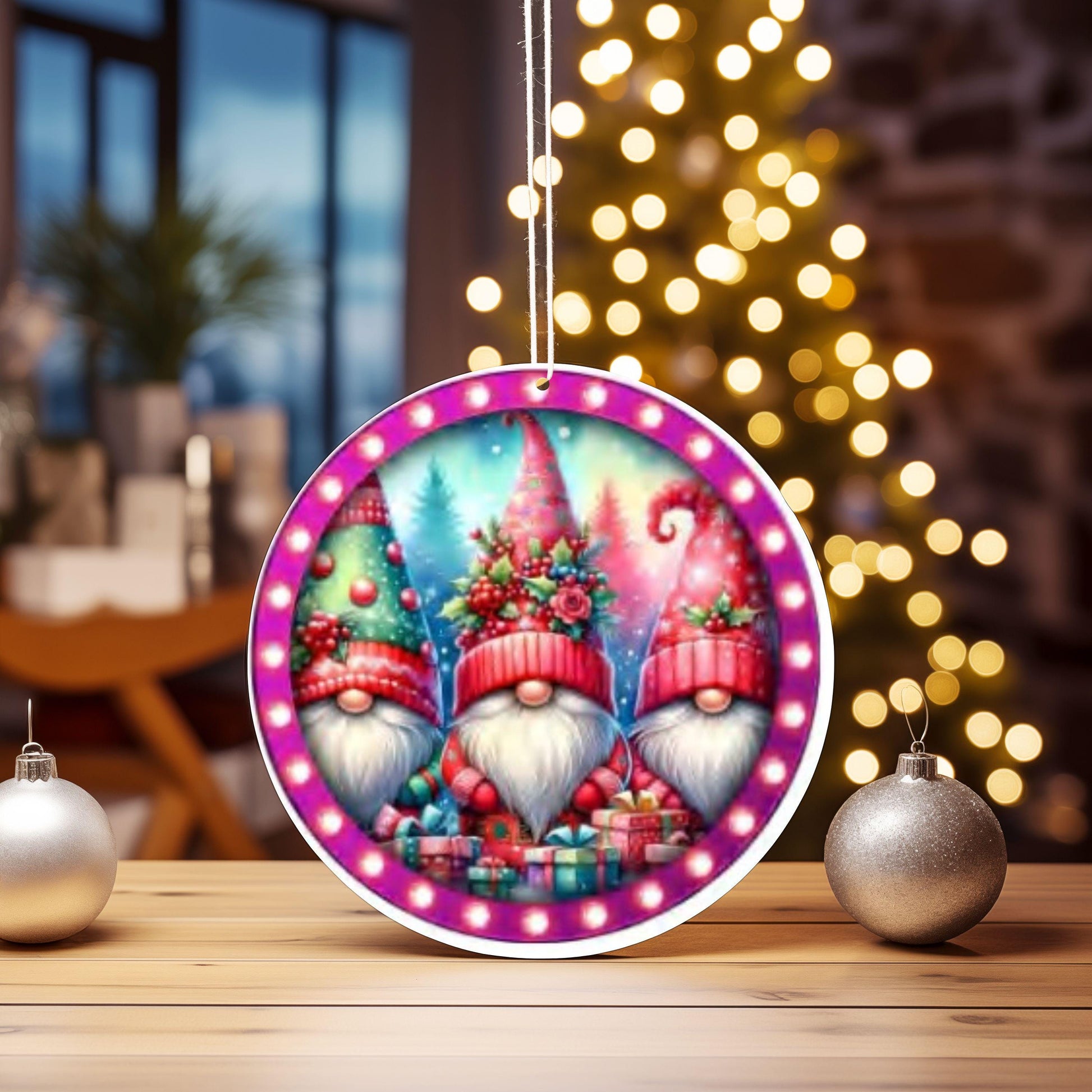 UV DTF 2.5 Inch Christmas Gnome Stained Glass Look Beard Pink Red image 0