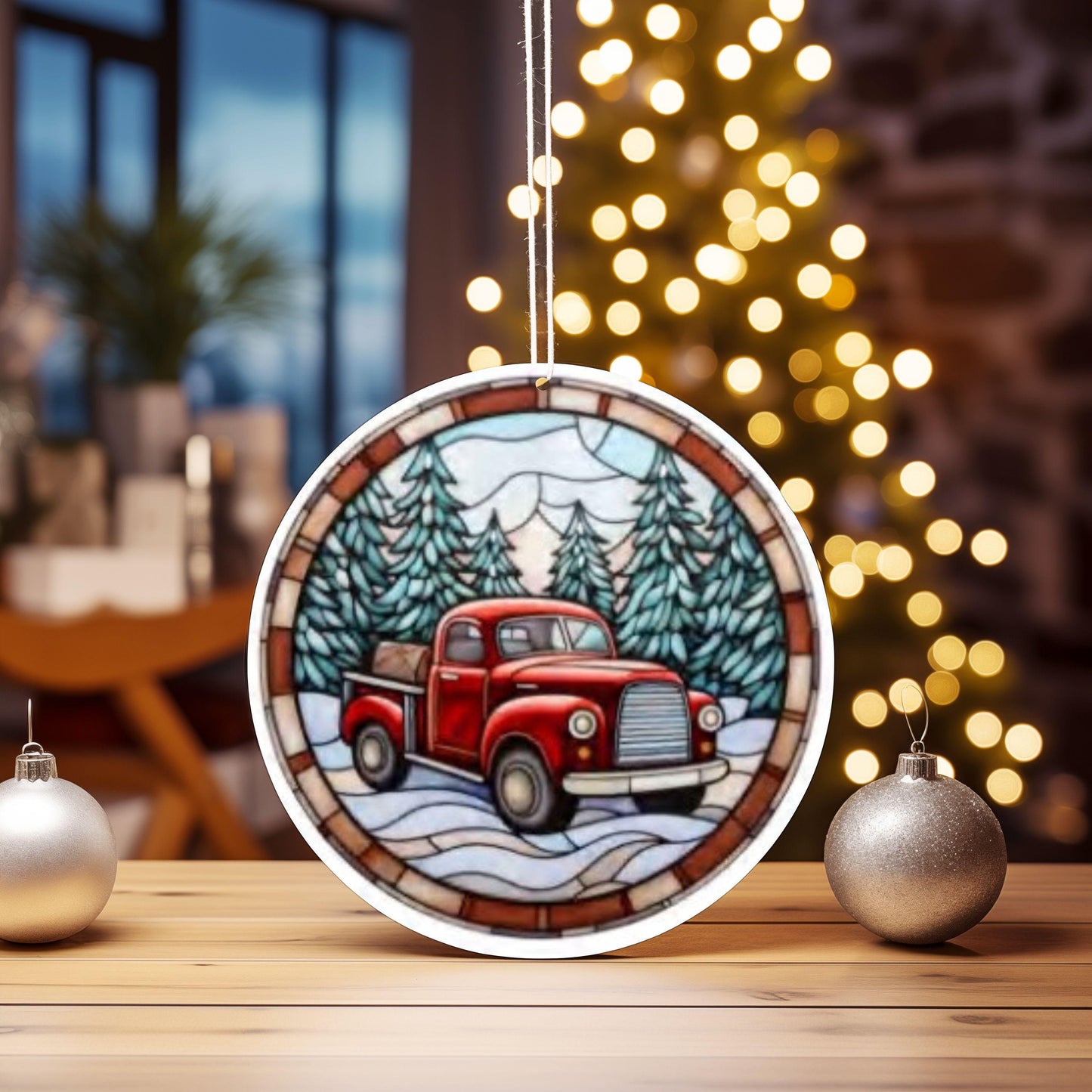 UV DTF 2.5 Inch Christmas Tree Stained Glass Little Red Truck Country image 0