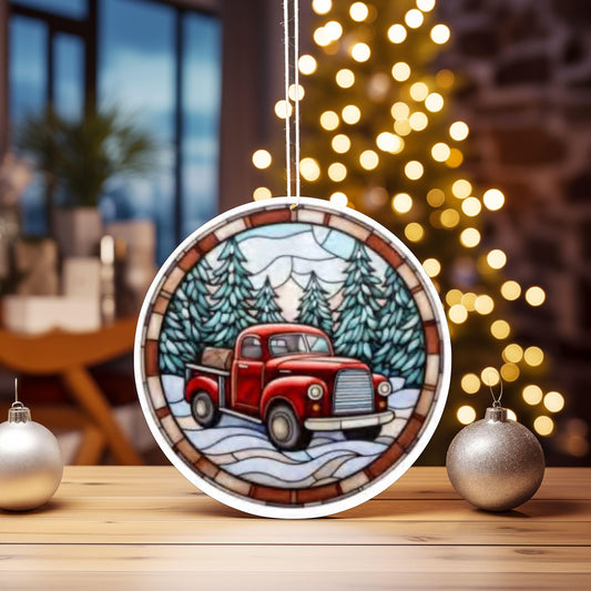 UV DTF 2.5 Inch Christmas Tree Stained Glass Little Red Truck Country image 0
