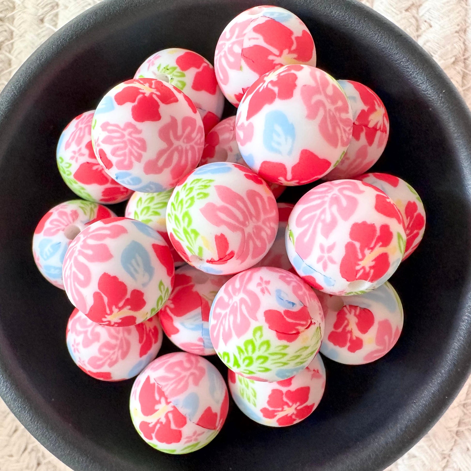 Floral Hibiscus Bright Pink Blue Green Spring 15mm Silicone Beads image 0