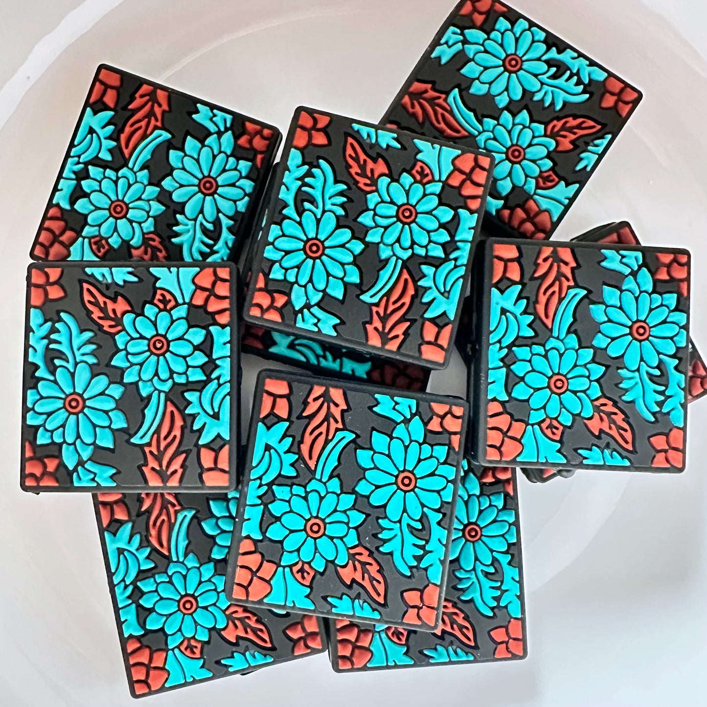 Teal Floral Tooled Leather Look image 0