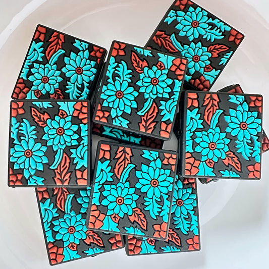 Teal Floral Tooled Leather Look image 0