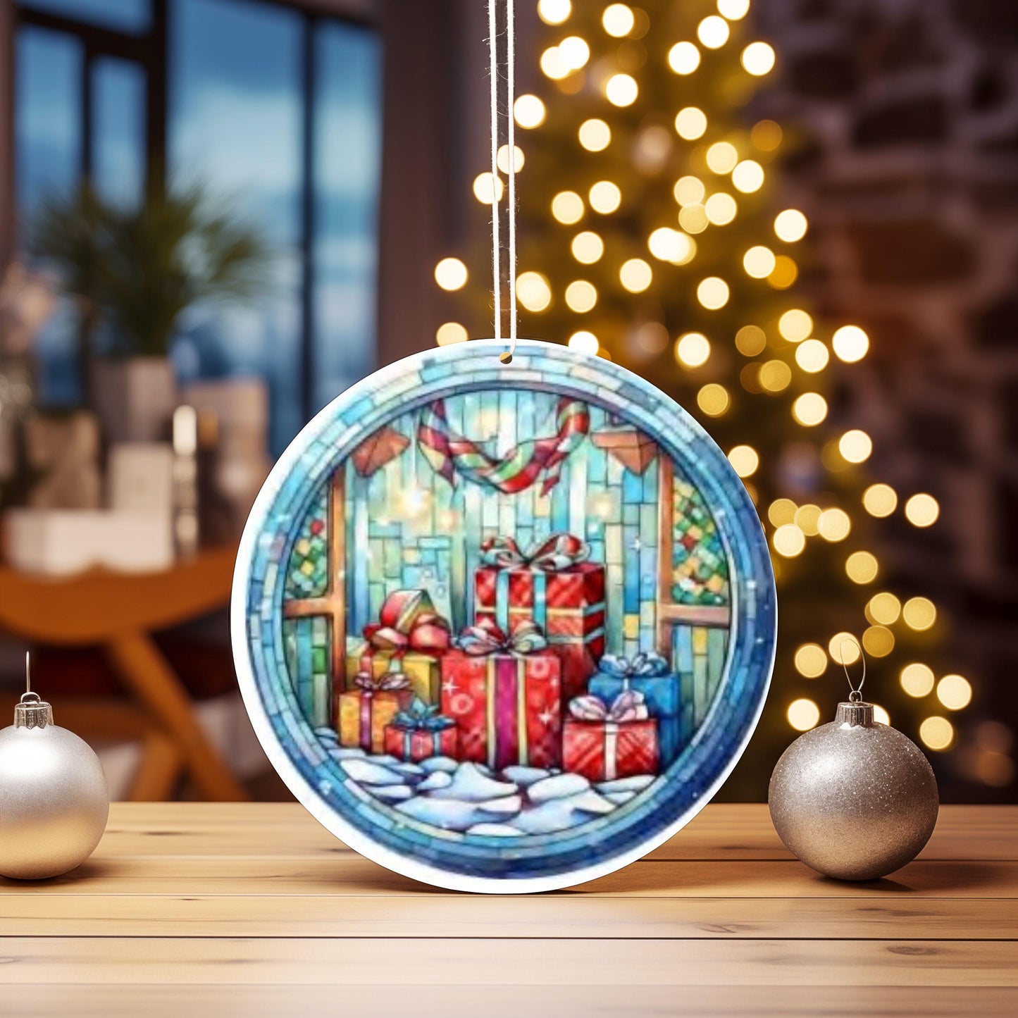 UV DTF 2.5 Inch Christmas Stained Glass Presents Bow Red image 0