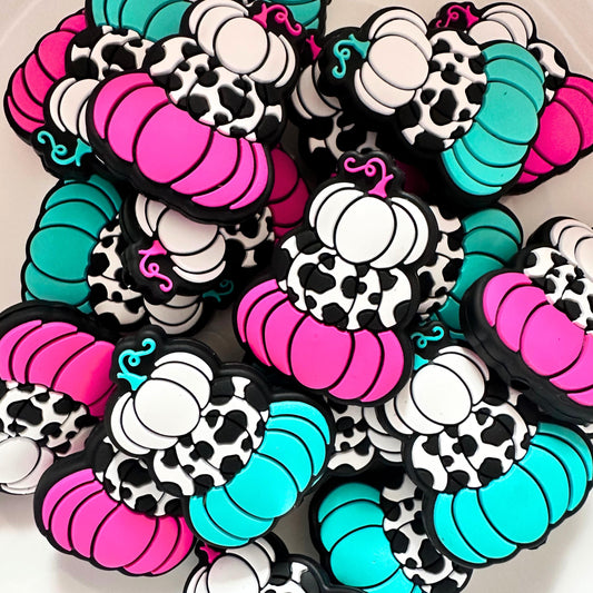 Halloween Stacked Pumpkins Cow Print Pink Teal Fall Pumpkin Tower image 0