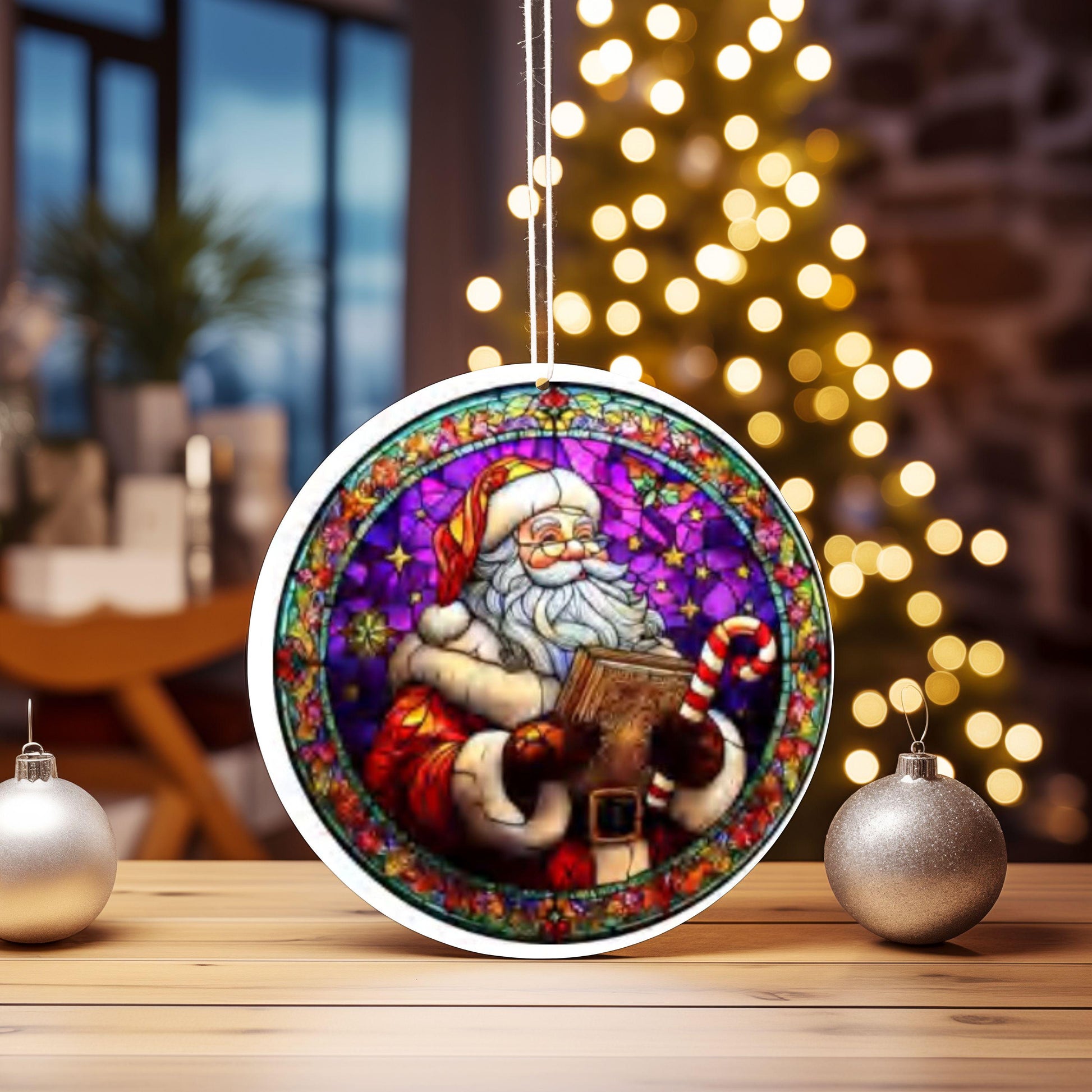 UV DTF 2.5 Inch Christmas Santa Stained Glass Look Jolly Candy Cane Red image 0